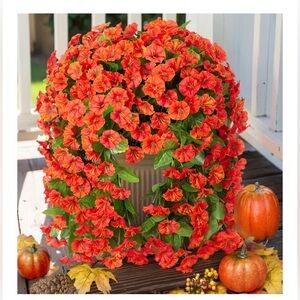 NEW 2PC Silk Faux Orange Morning Glory Hanging Floral Outdoor Trailing UV Resist